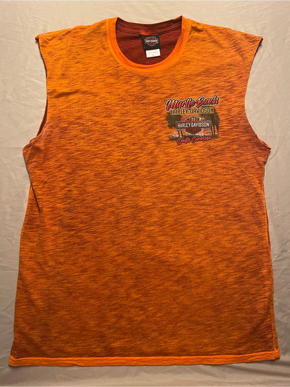 Harley-Davidson Orange Sleeveless Tee with Myrtle Beach Graphic